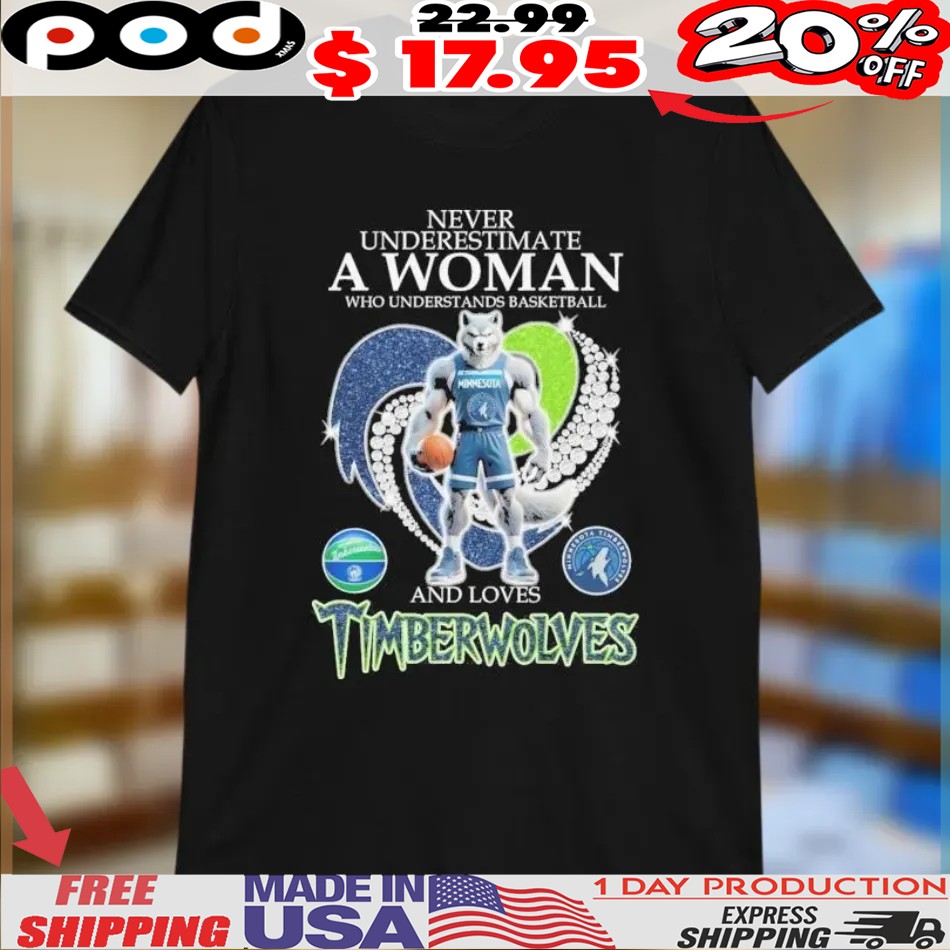 Never Underestimate A Woman Who Understands Basketball And Loves Minnesota Timberwolves Mascot Diamond Heart Shirt