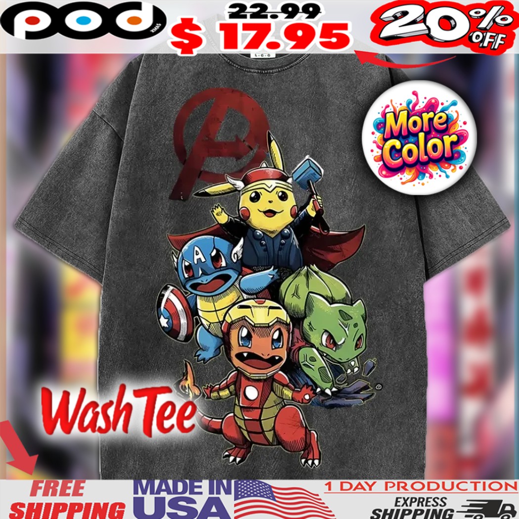 Pokémon Avengers Superhero Crossover Pikachu Thor Captain Squirtle Shirt