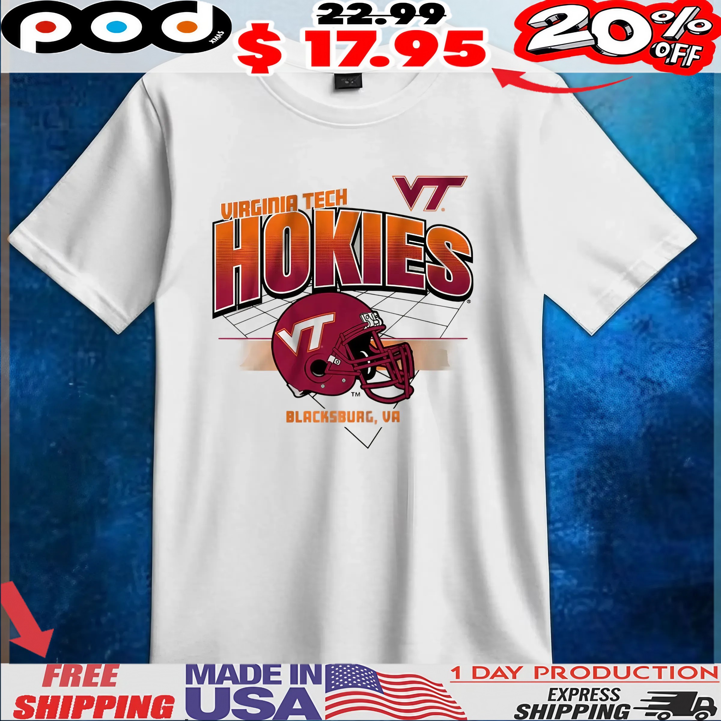 Virginia Tech Hokies Football Helmet Grid T Shirt 6 Virginia Tech Hokies Football Helmet Grid T Shirt