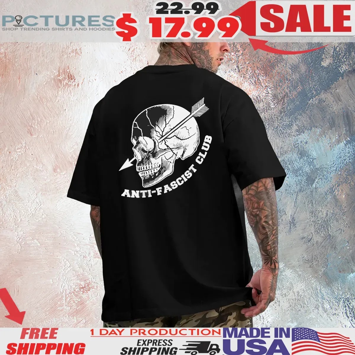 Anti Fascist Club Skull Arrow T Shirt