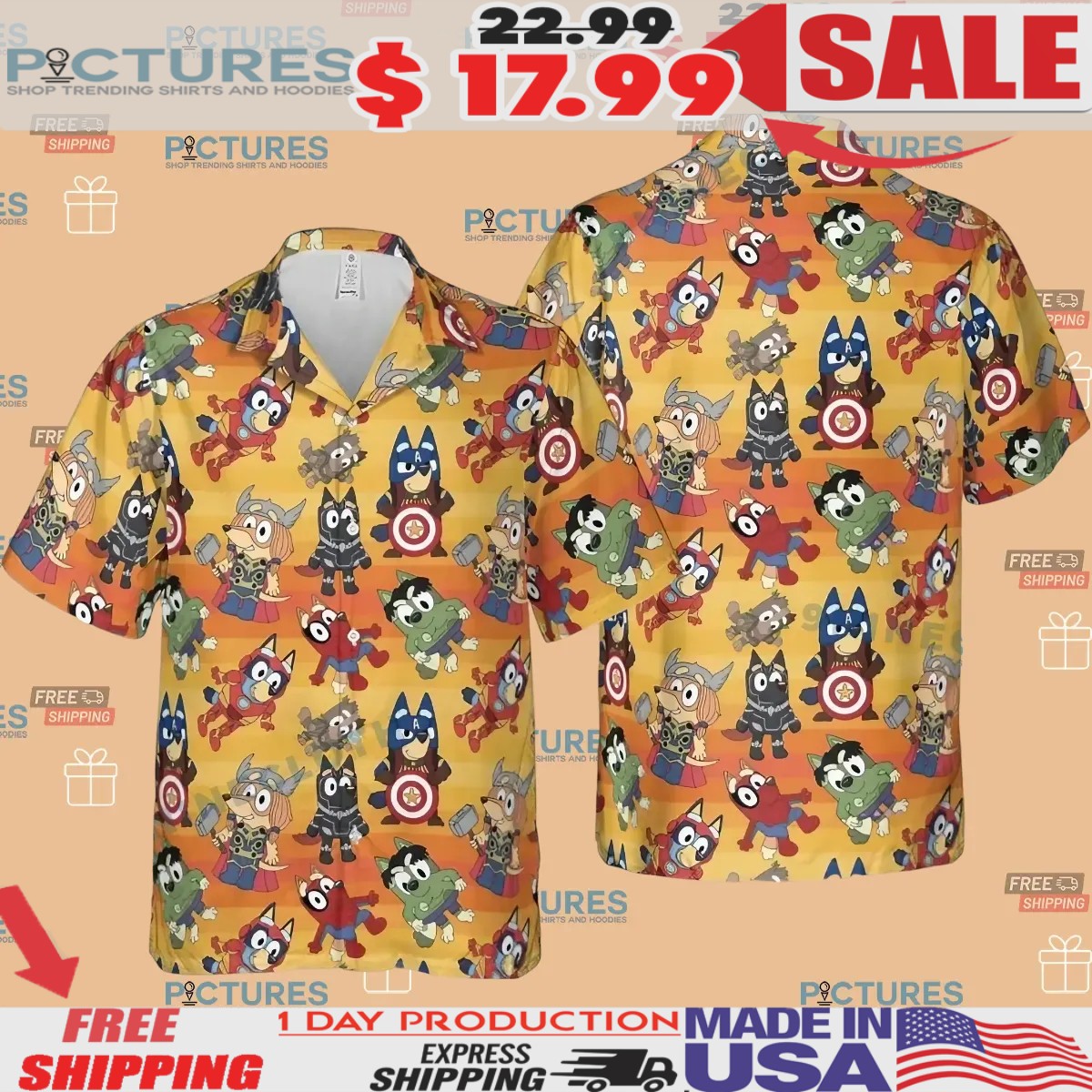 Bluey Super Hero Avengers Hawaiian Button Up Shirt 2 Bluey Super Hero Avengers Hawaiian Button Up Shirt