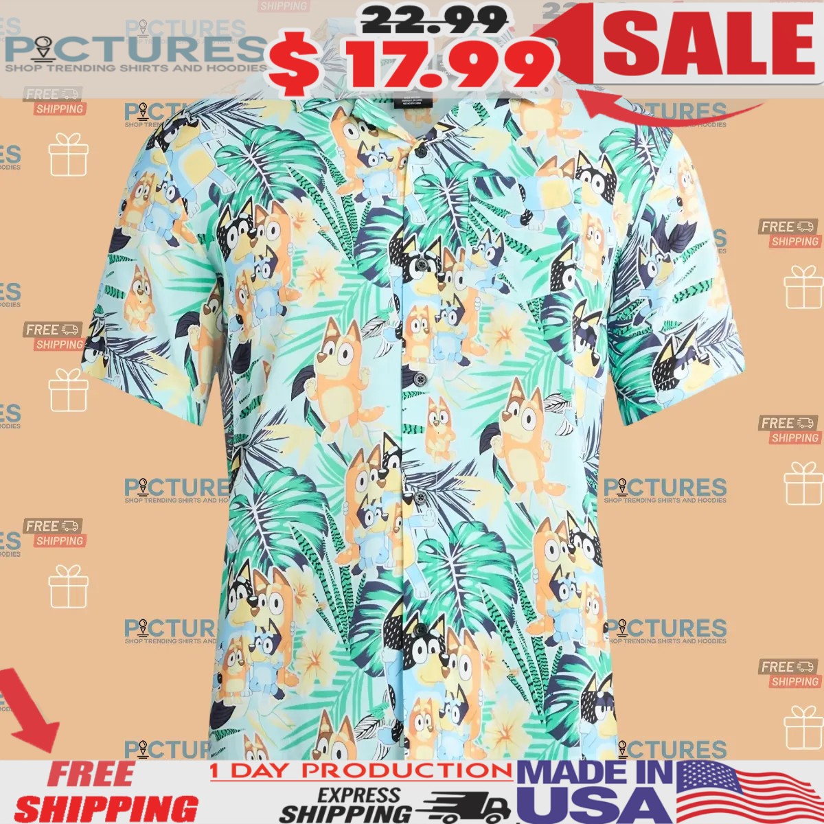 Bluey Tropical Summer Hawaiian Print Button-Up Shirt 2 Bluey Tropical Summer Hawaiian Print Button-Up Shirt