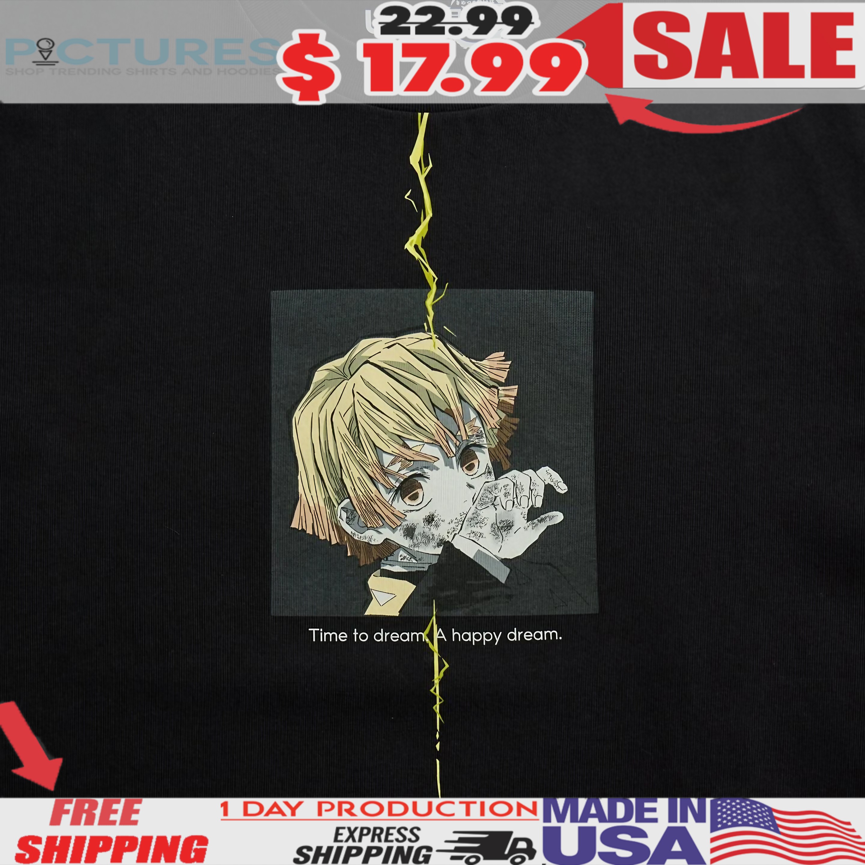 Demon Slayer Kimetsu No Yaiba Zenitsu Time To Dream A Happy Dream T Shirt 1 Demon Slayer Kimetsu No Yaiba Zenitsu Time To Dream A Happy Dream T Shirt