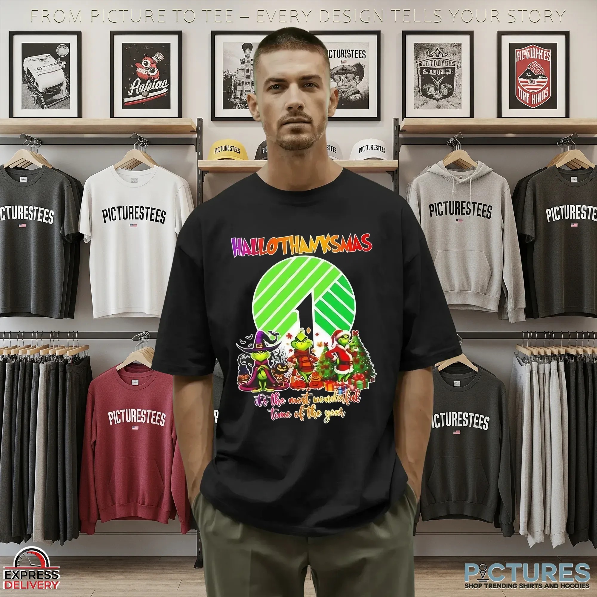 Grinch X Dollar Tree Hallothanksmas It's The Most Wonderful Time Of The Year Happy Halloween Christmas T Shirt