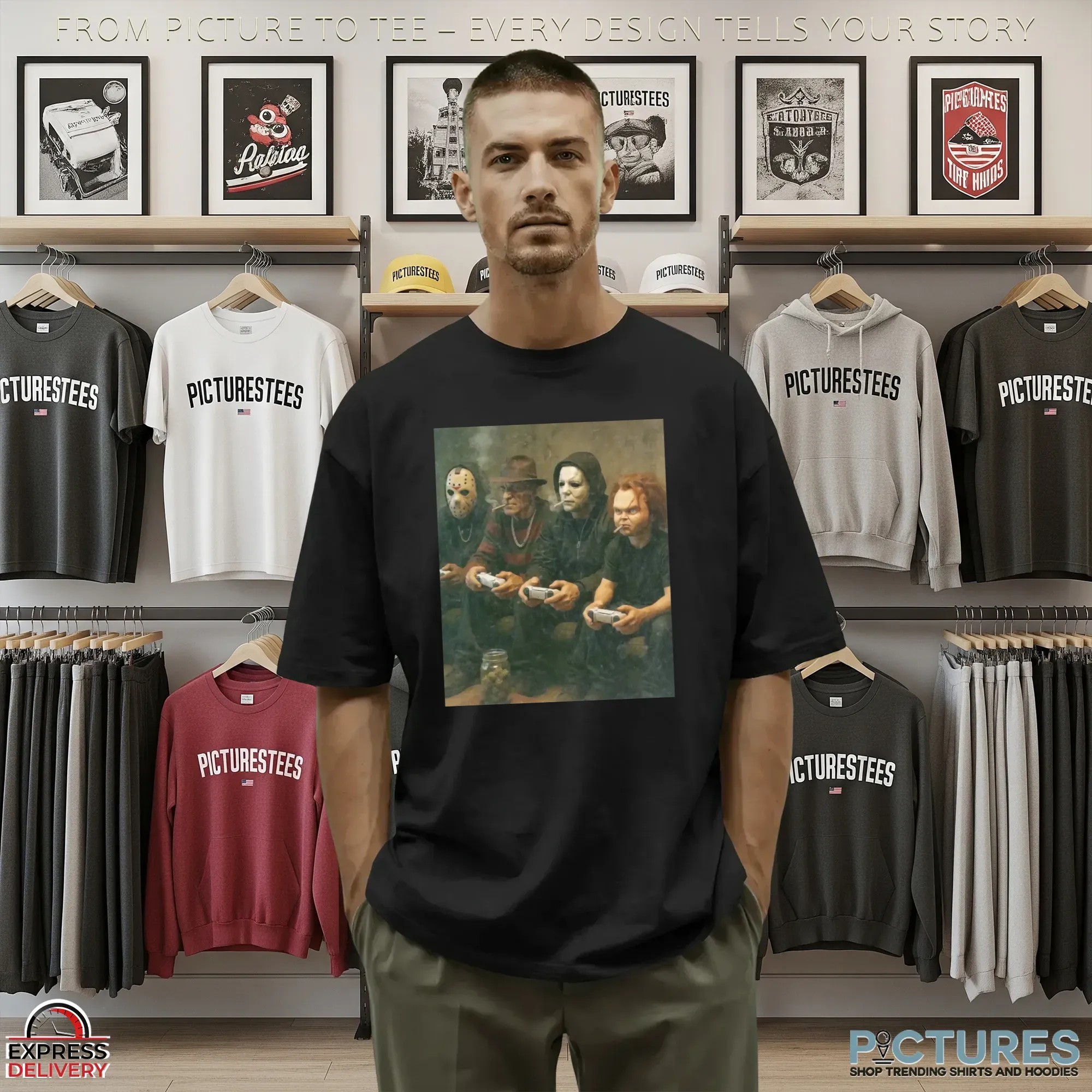 Horror Villains Jason, Freddy, Michael & Chucky Smoking and Playing Video Games Couch Meme T Shirt