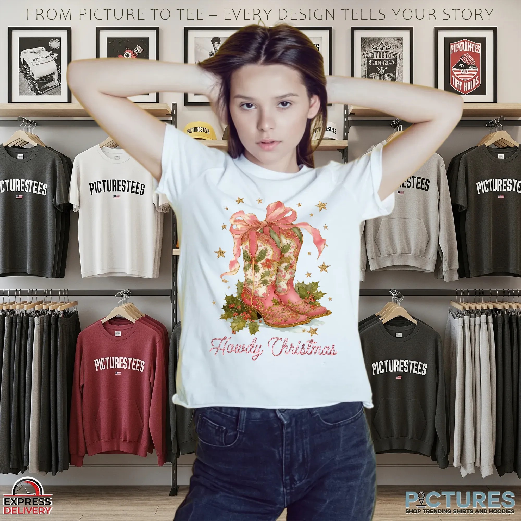 Howdy Christmas Cowgirl Western Christmas Boots T Shirt