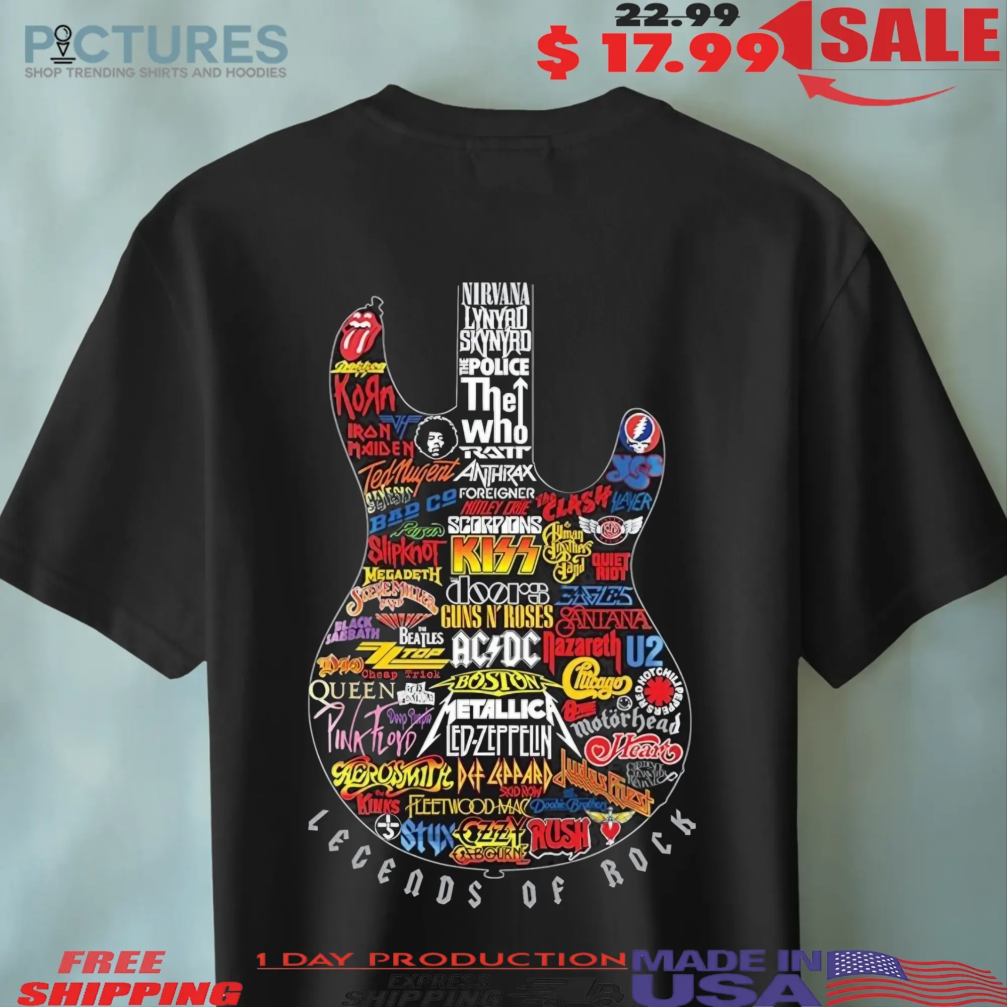 Legends Of Rock Guitar Shape Iconic Bands Logo Collage T Shirt