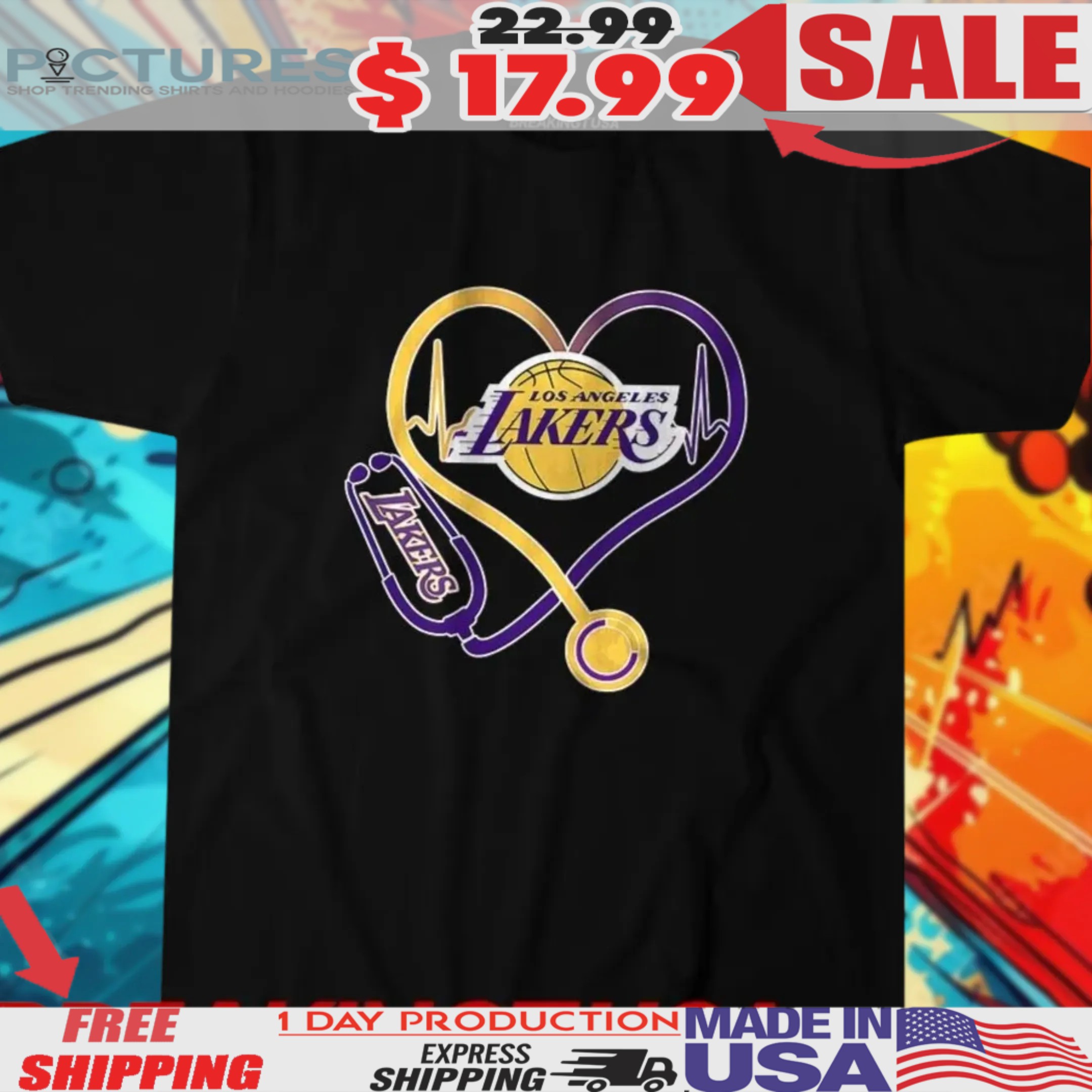 Los Angeles Lakers Stethoscope Heartbeat Nurse Shirt