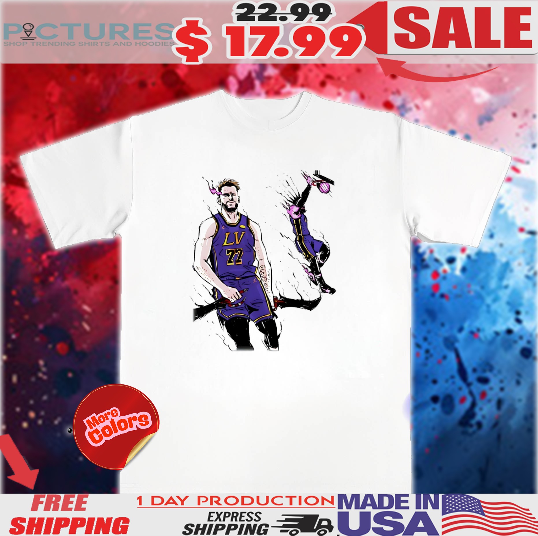 Luka Dončić 77 to LeBron iconic LA Lakers comic shirt