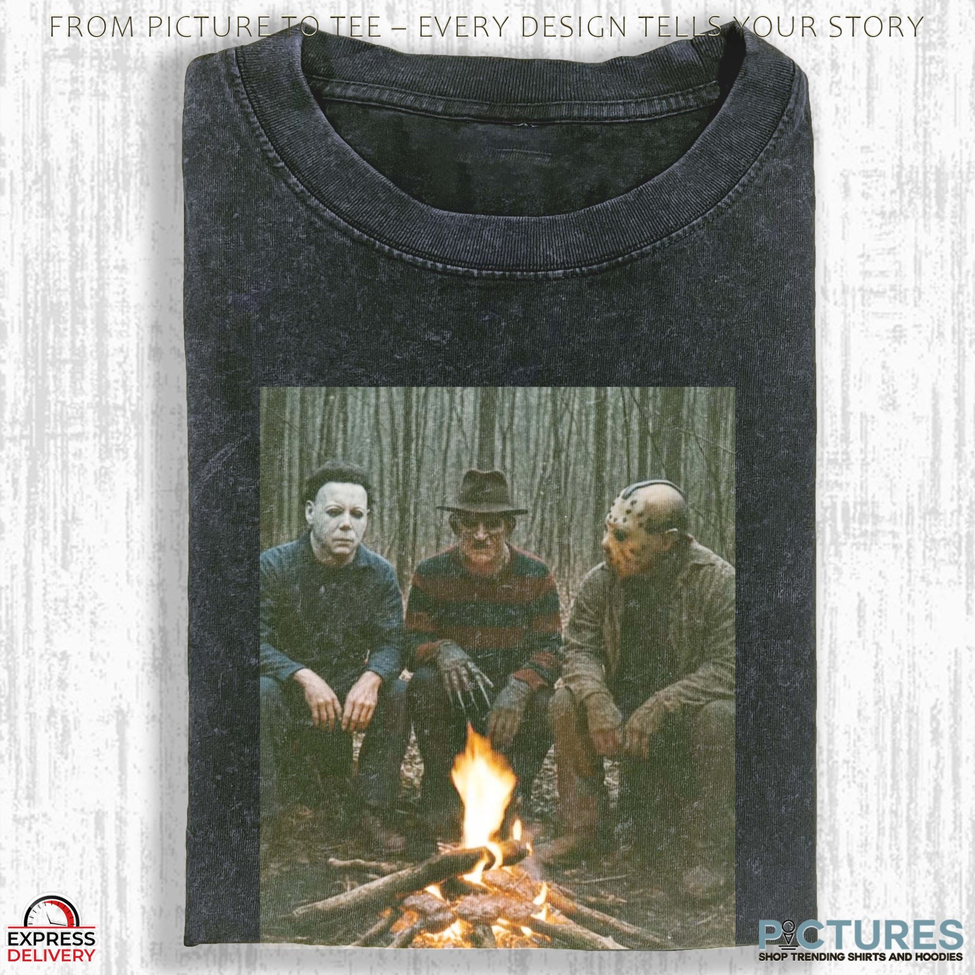 Michael Myers, Freddy Krueger and Jason Voorhees At A Campfire Vintage Halloween T Shirt