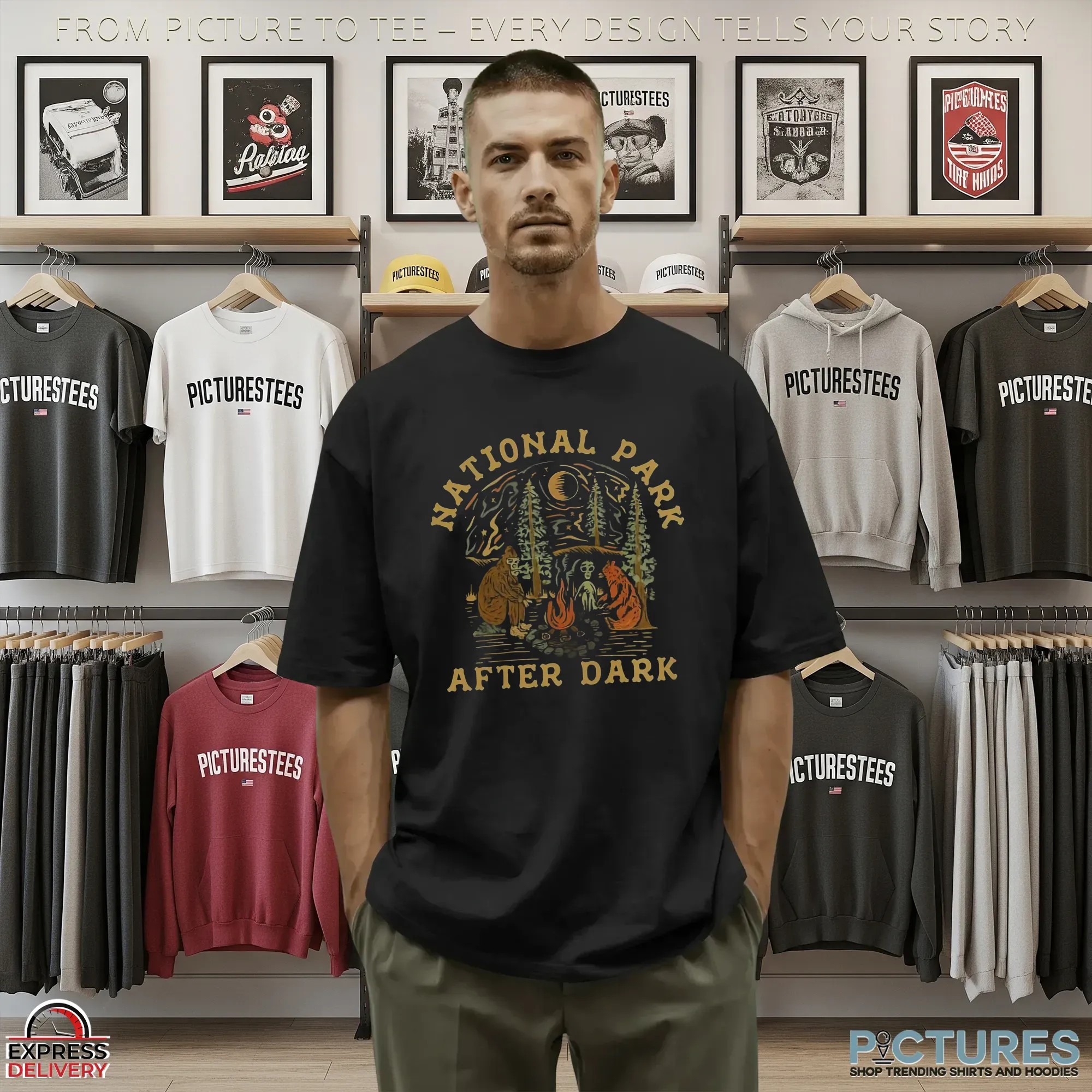 National Park After Dark Bigfoot Alien Campfire Shirt