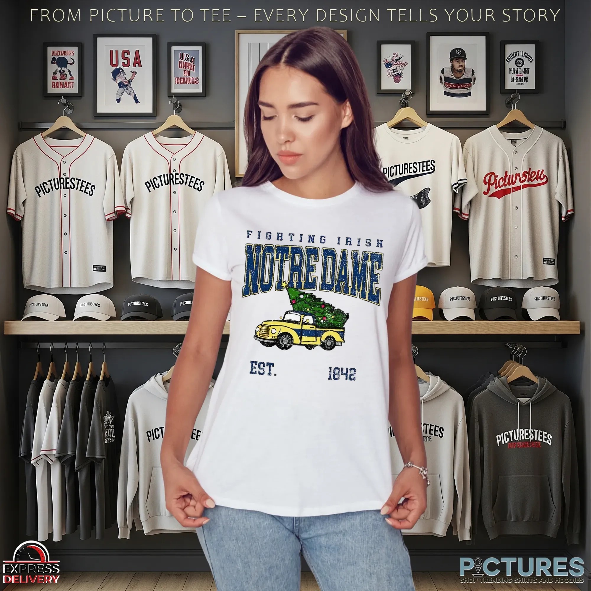 Notre Dame Fighting Irish Football Christmas Tree Truck Est 1842 Christmas T Shirt