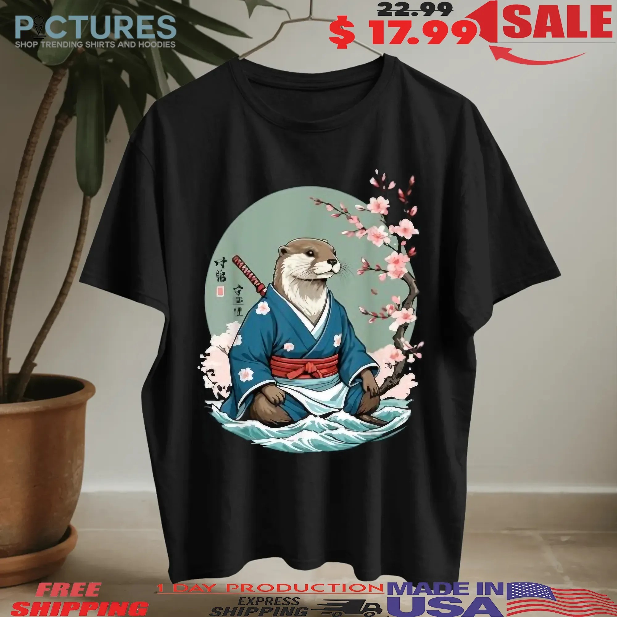 Otter Samurai in Water Sakura Cherry Blossom Japan T Shirt
