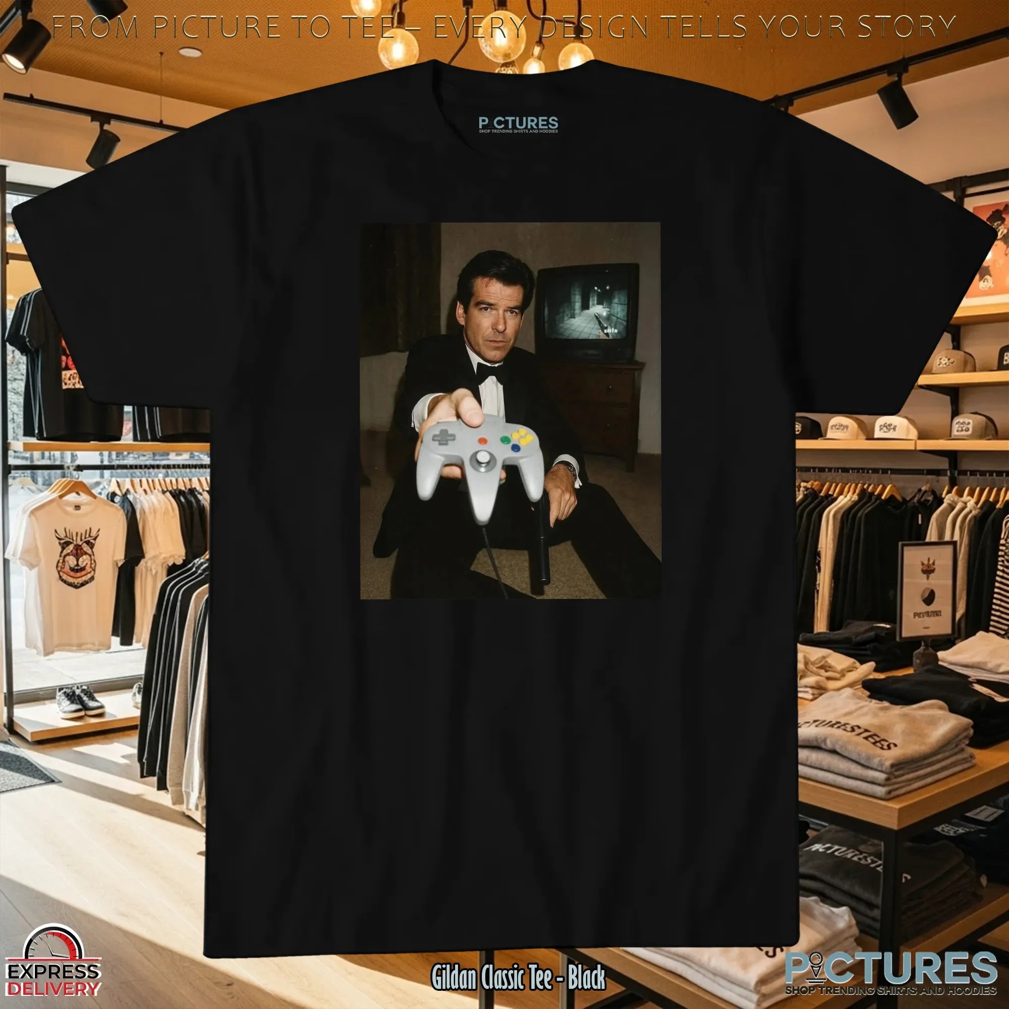 Pierce Brosnan Holding A Nintendo 64 Goldeneye 007 Retro Game T Shirt