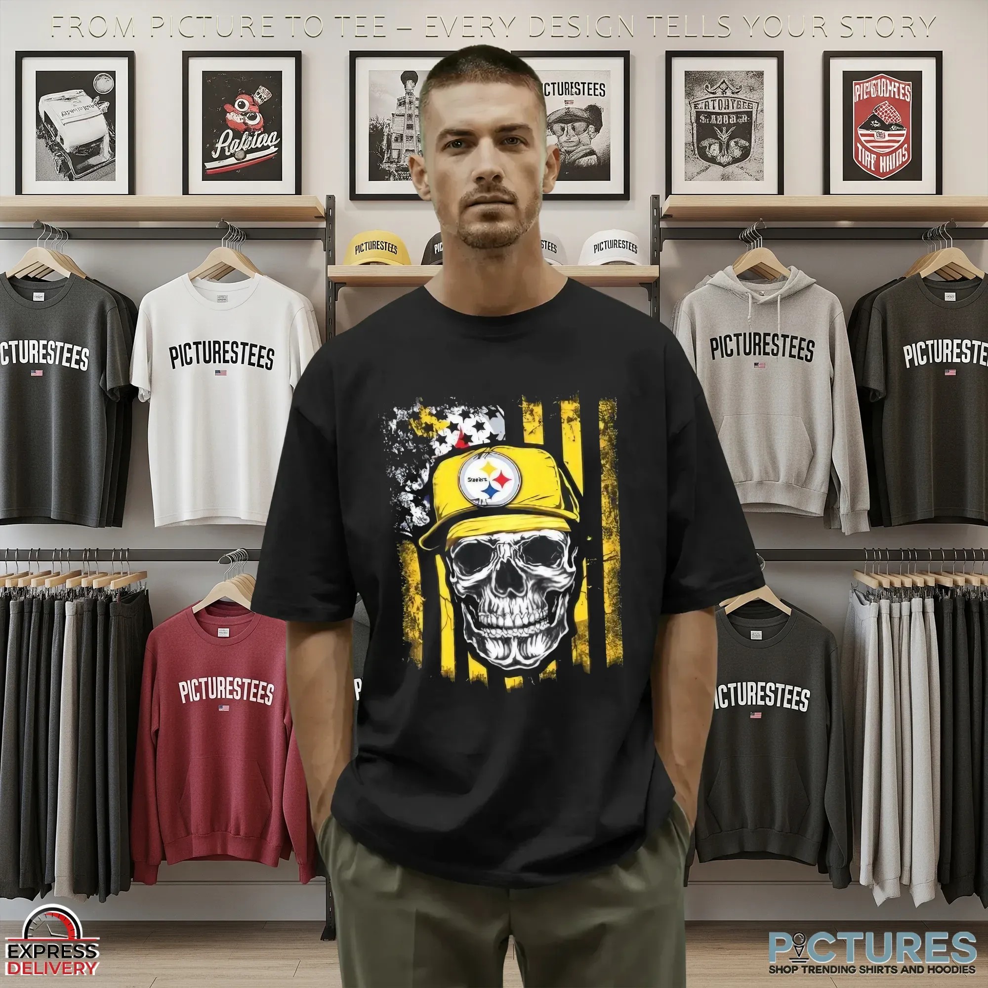 Pittsburgh Steelers Football Skull American Flag T Shirt