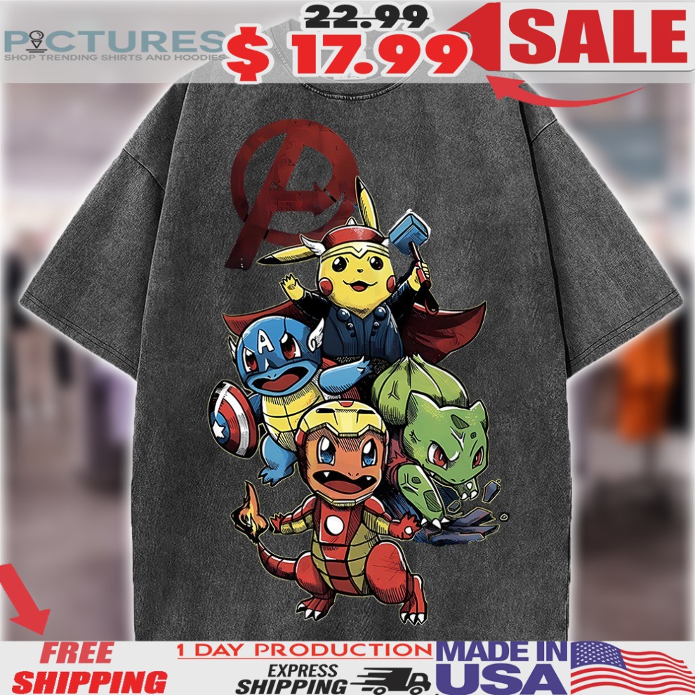 Pokémon Marvel Avengers Pikachu Thor Captain Squirtle Shirt 1 Pokémon Marvel Avengers Pikachu Thor Captain Squirtle Shirt