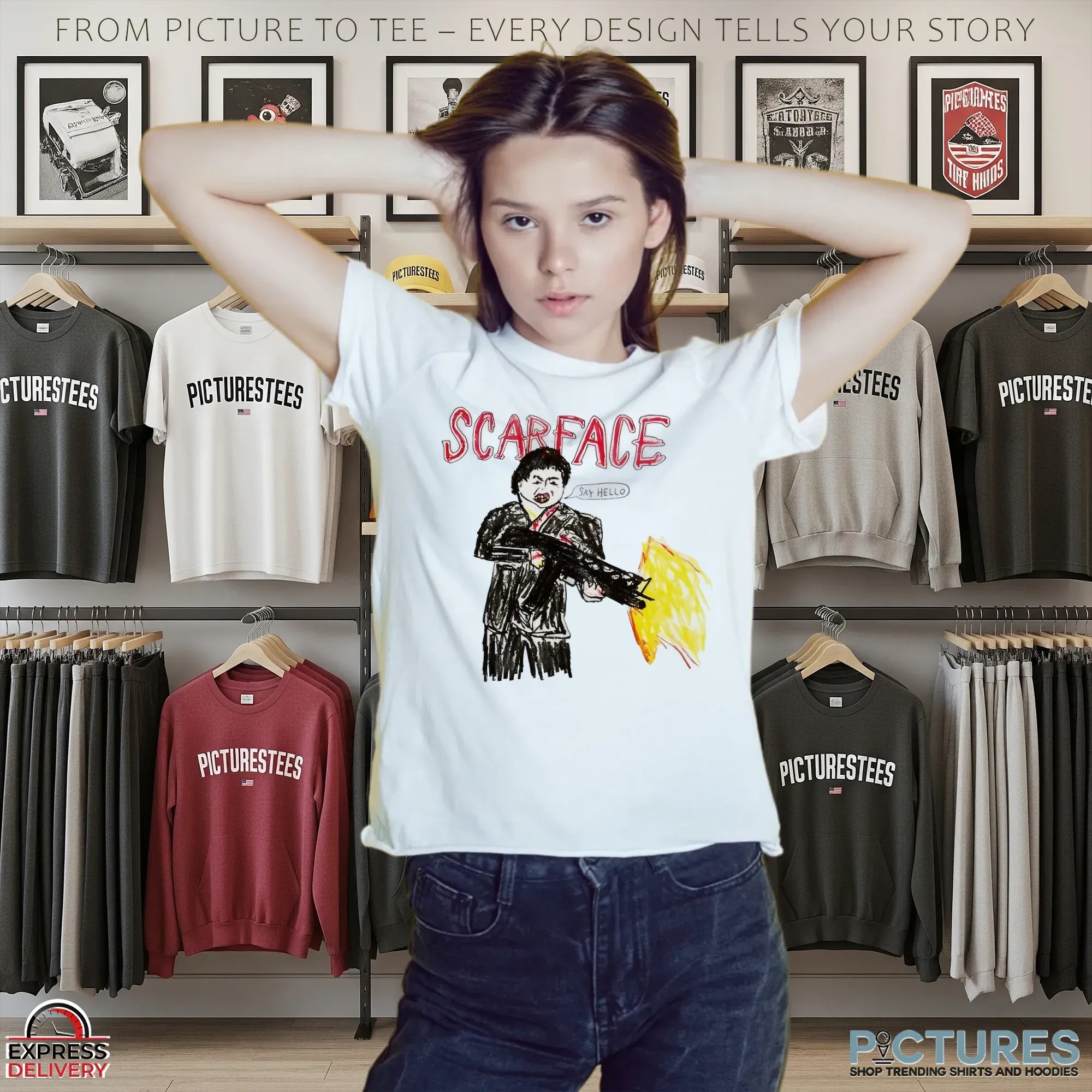 Scarface Tony Montana Say Hello To My Little Friend Hand Drawn T Shirt