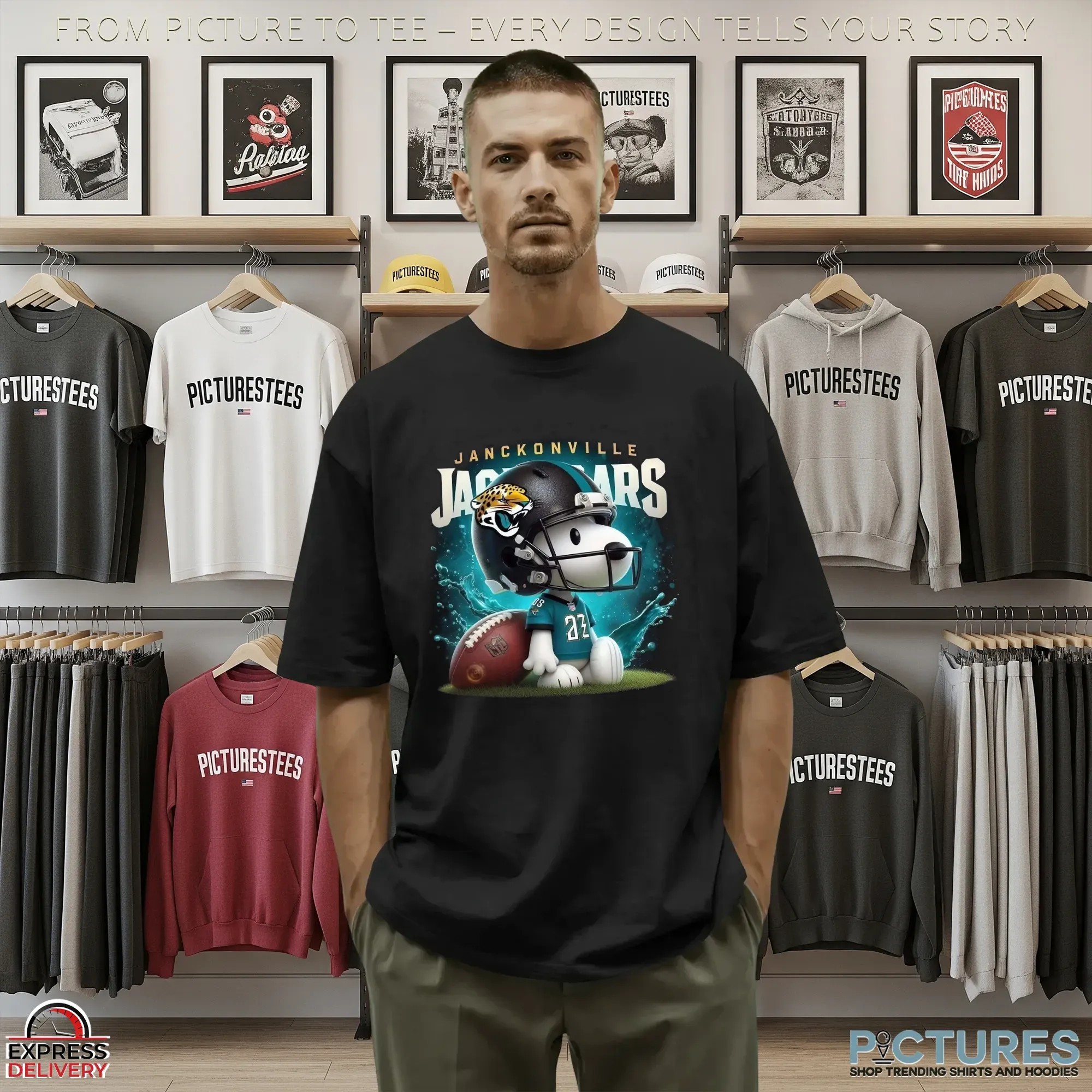 Snoopy x Jacksonville Jaguars NFL Football Crossover T Shirt 9 Snoopy x Jacksonville Jaguars NFL Football Crossover T Shirt