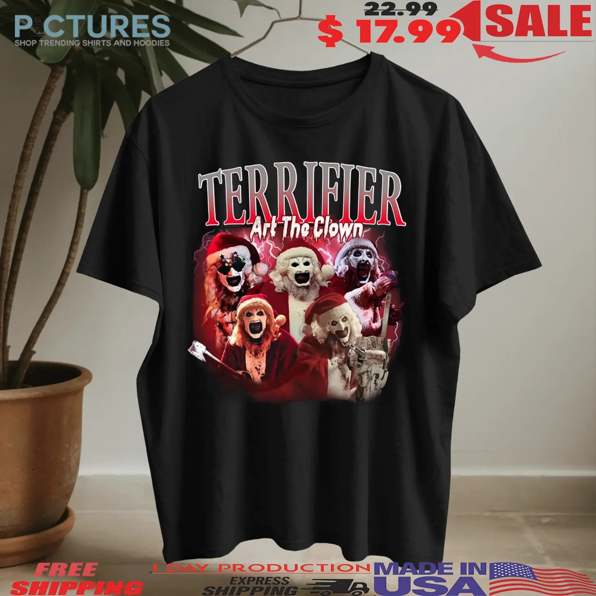 Terrifier Art The Clown Horror Halloween Christmas Vintage Bootleg T Shirt