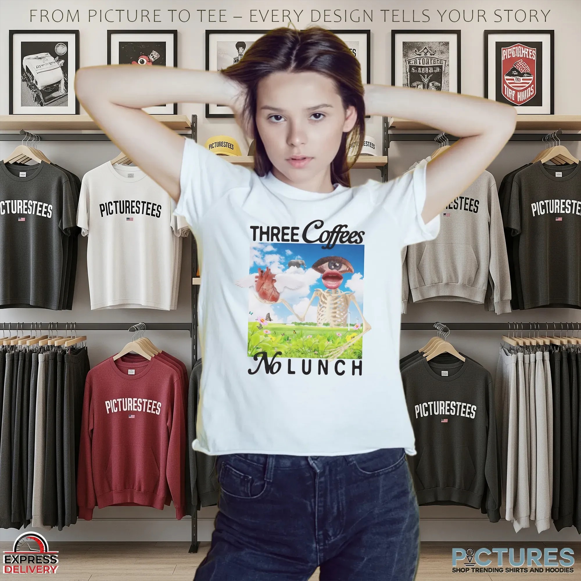 Three Coffees No Lunch Surreal Collage Skeleton Meme T Shirt