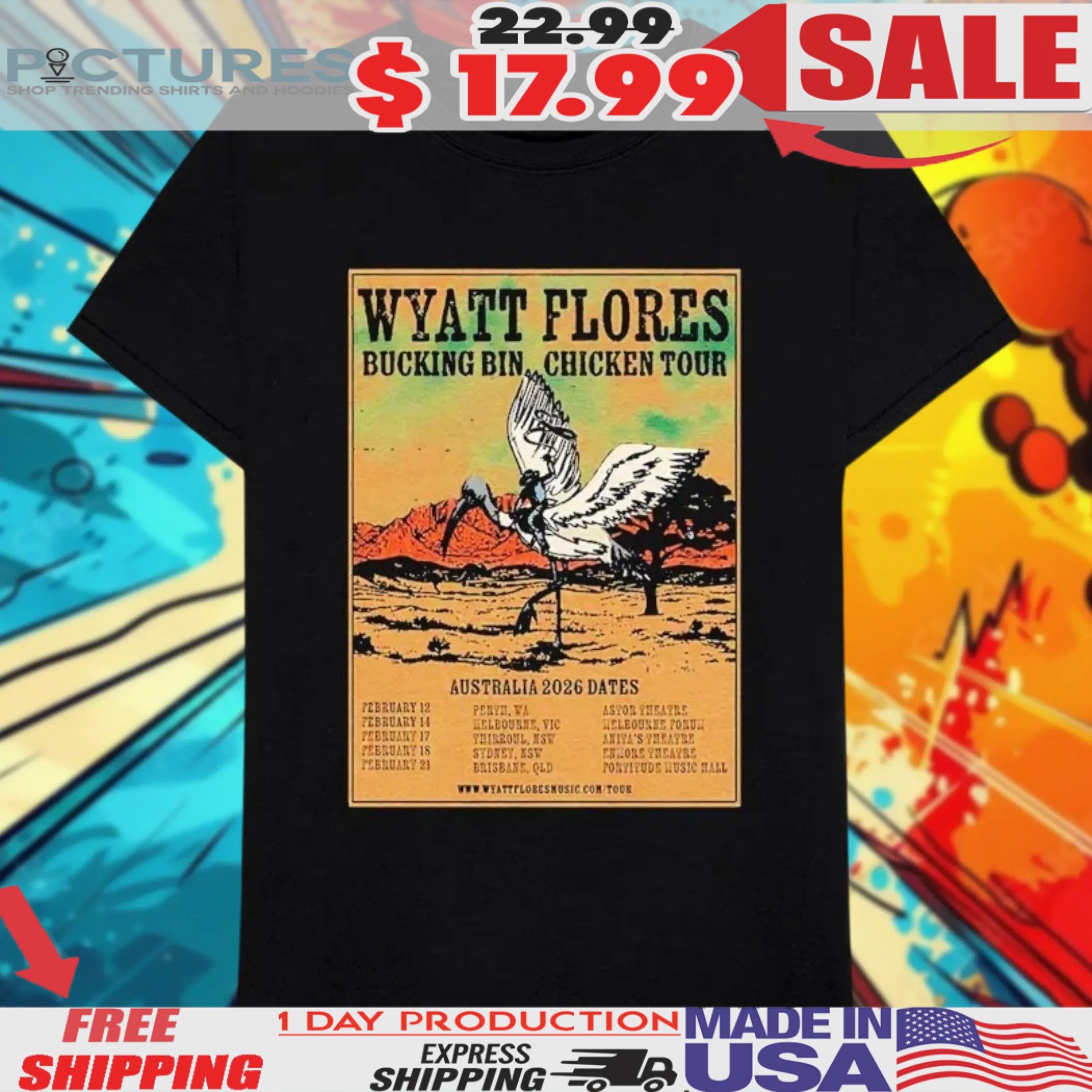 Wyatt Flores Bucking Bin Chicken Tour Australia 2026 Shirt