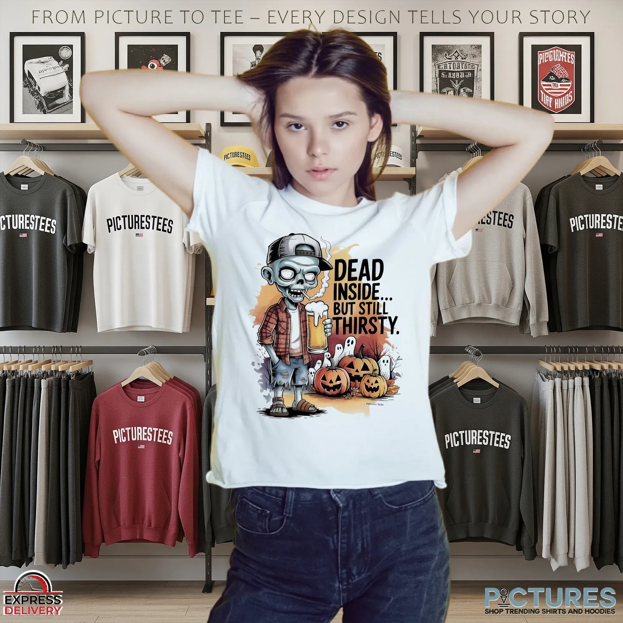 Zombie Dead Inside But Still Thirsty Pumpkin Halloween Beer Lover T Shirt