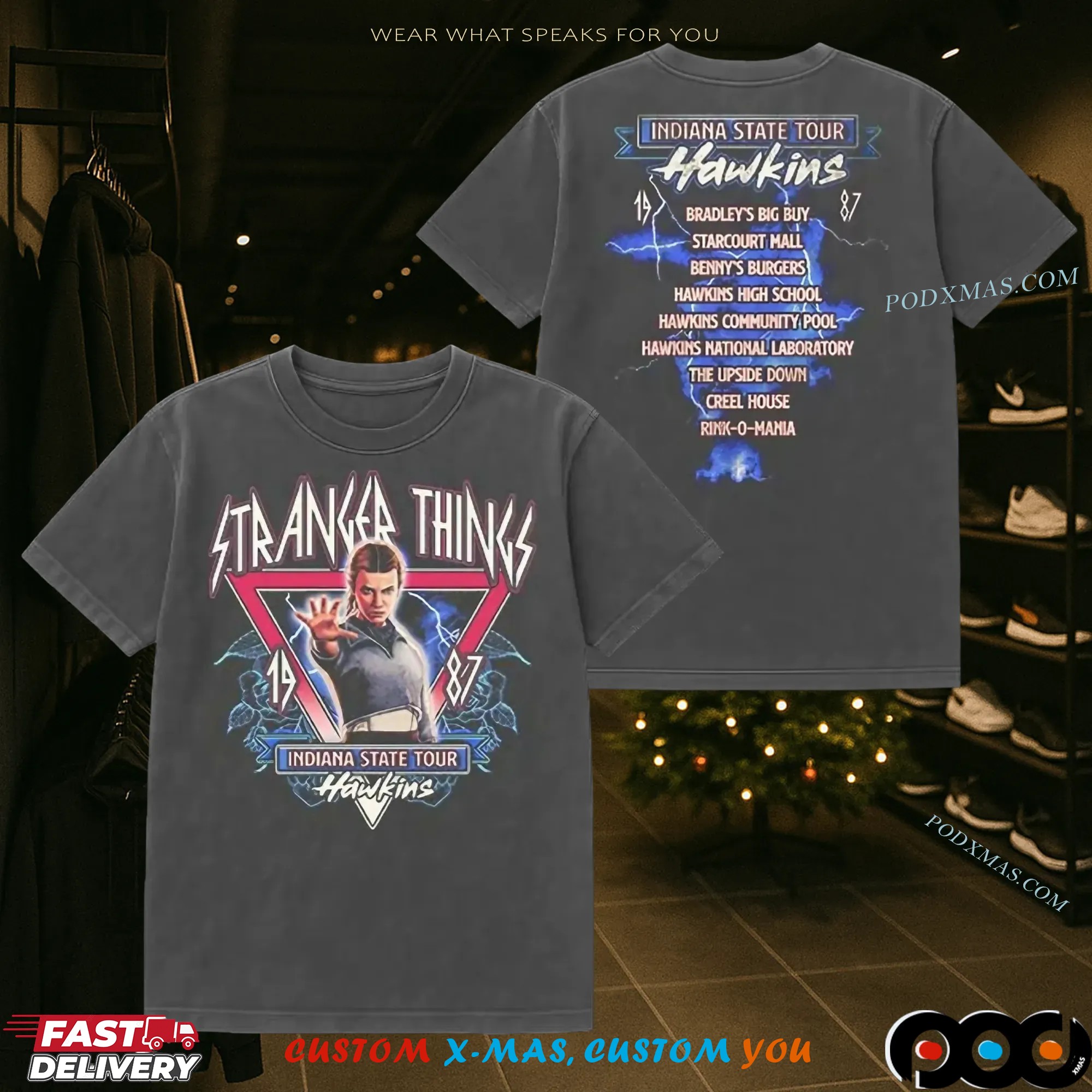 Eleven Stranger Things Indiana State Tour Hawkins 1987 T Shirt 1 Eleven Stranger Things Indiana State Tour Hawkins 1987 T Shirt