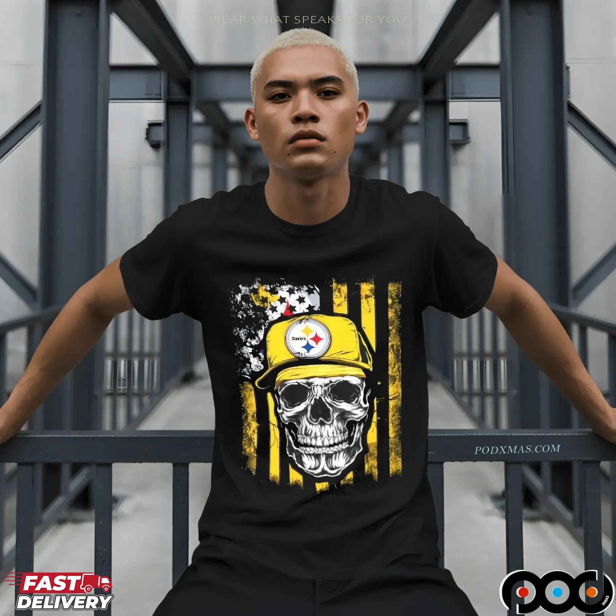 Pittsburgh Steelers Football Skull Usa Flag Hip Hop T Shirt