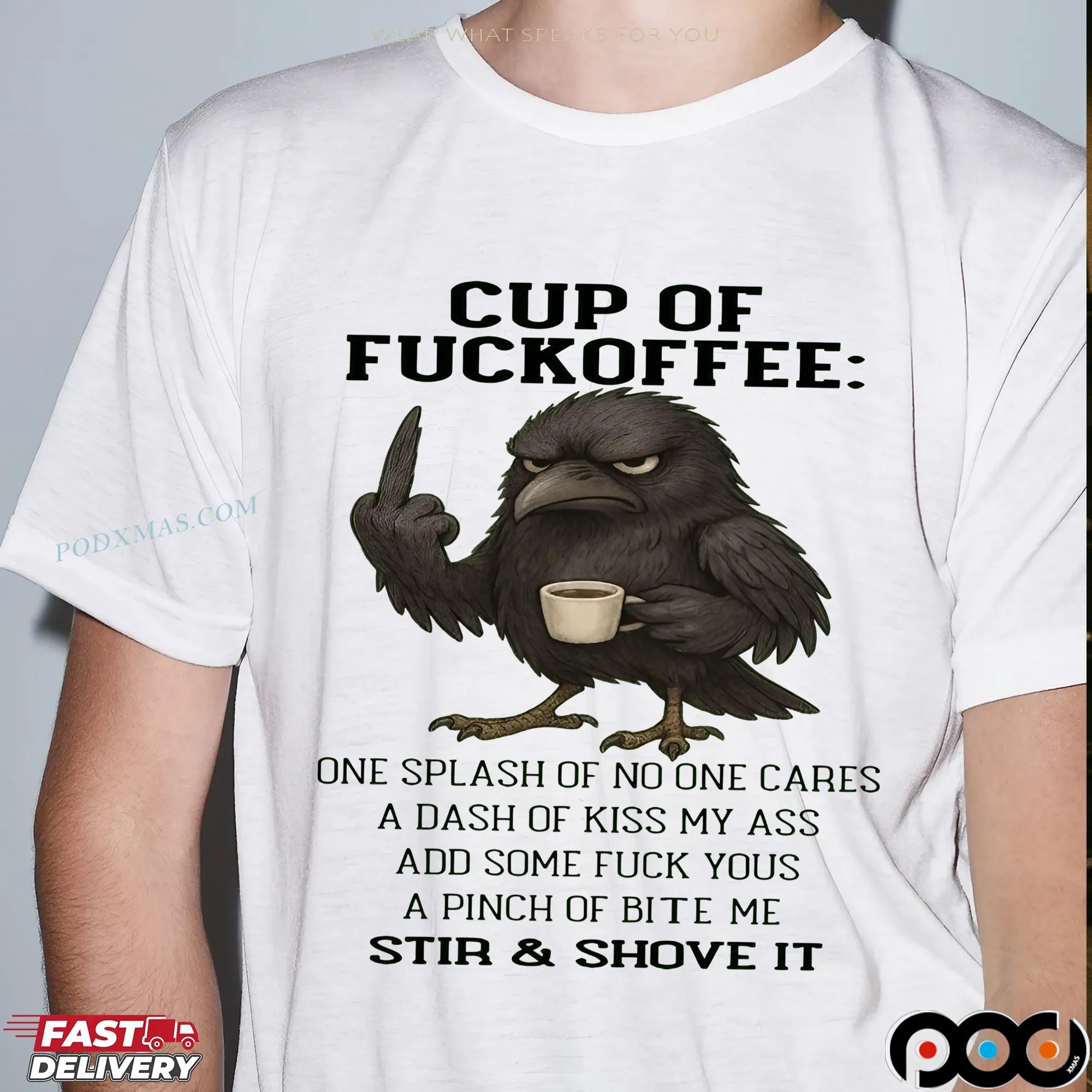 Raven Cup Of Fuckoffee One Splash Of No One Cares A Dash Of Kiss My Ass Add Some Fuck Yous A Pinch Of Bite Me Stir and Shove It T Shirt