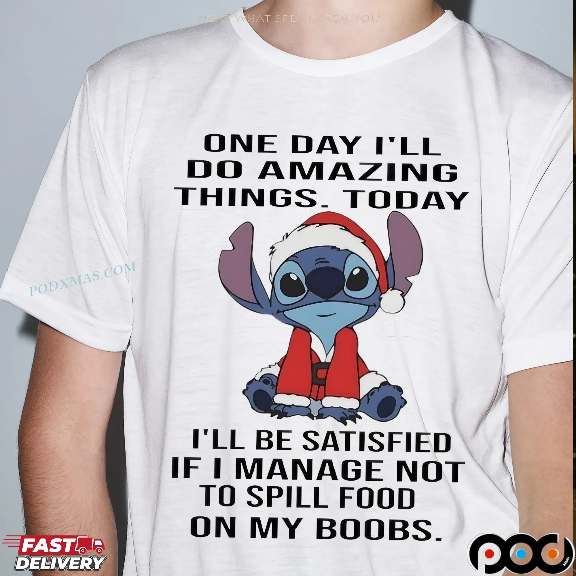 Stitch Santa Christmas One Day I’ll Do Amazing Things Today I’ll Be Satisfied If I Manage Not To Spill Food On My Boobs T Shirt