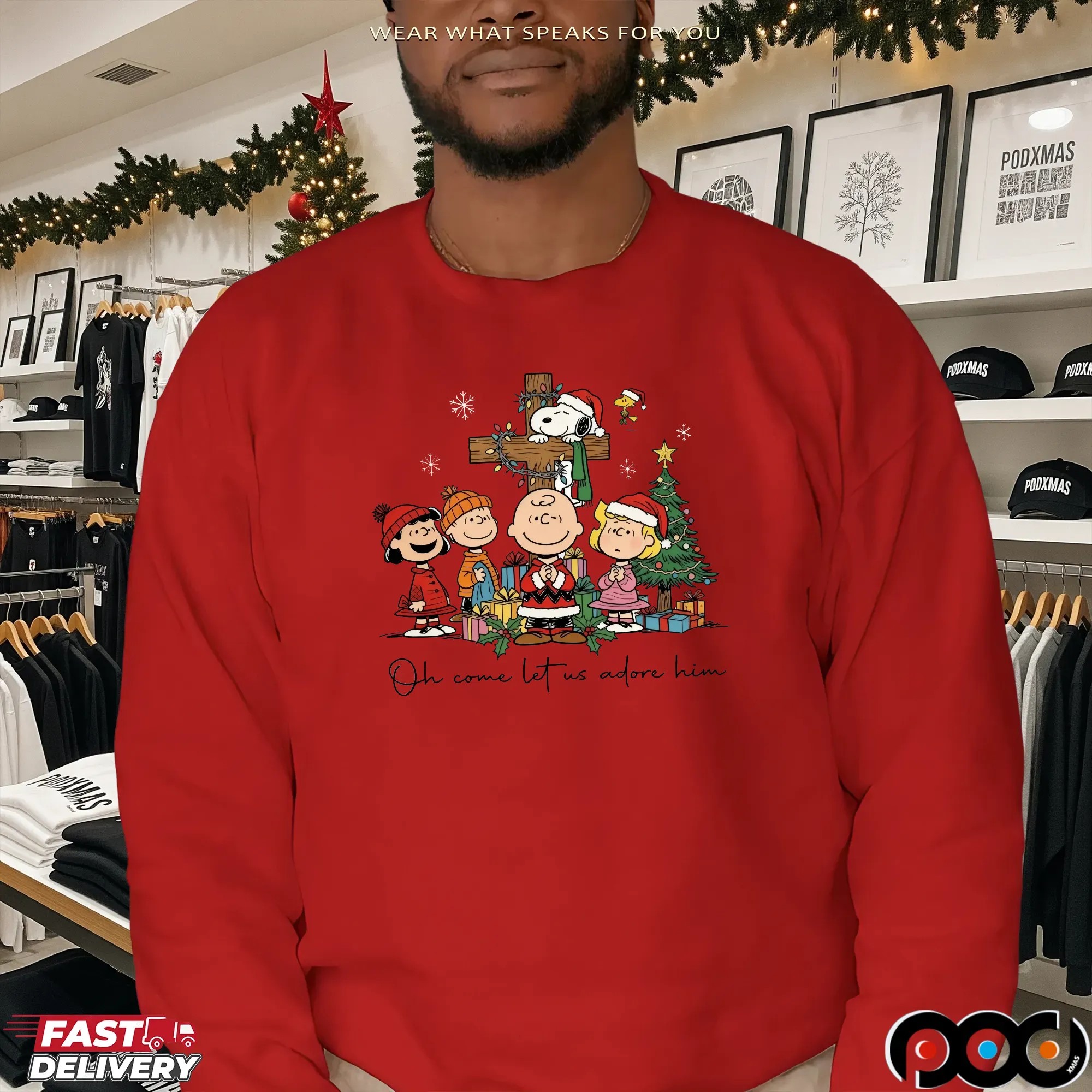 The Peanuts Oh Come Let Us Adore Him Cross Christmas T Shirt