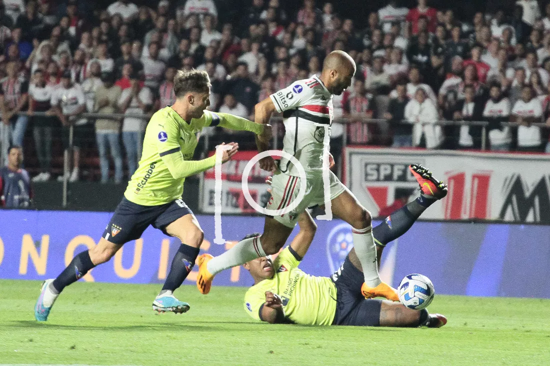 Sao Paulo, Brazil. 31st Aug, 2023. SP - SAO PAULO - 08/31/2023 - COPA SUL- AMERICANA 2023, SAO PAULO X LDU - Sao Paulo player Arboleda celebrates his  goal during a match against