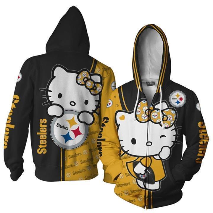 Kitty Cat Hug Pittsburgh Steelers Logo 3d Printed Zip Hoodie 3d