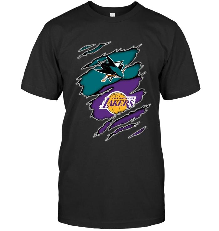 san Jose Sharks And Los Angeles Lakers Layer Under Ripped Shirt