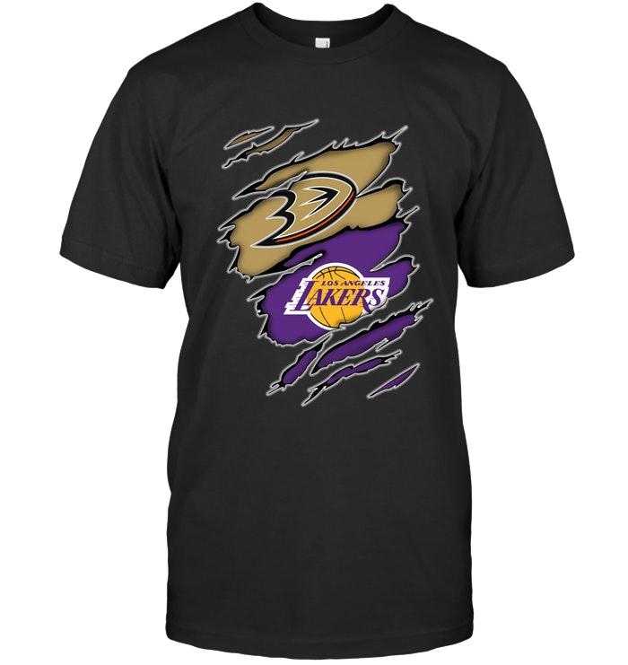 anaheim Ducks And Los Angeles Lakers Layer Under Ripped Shirt