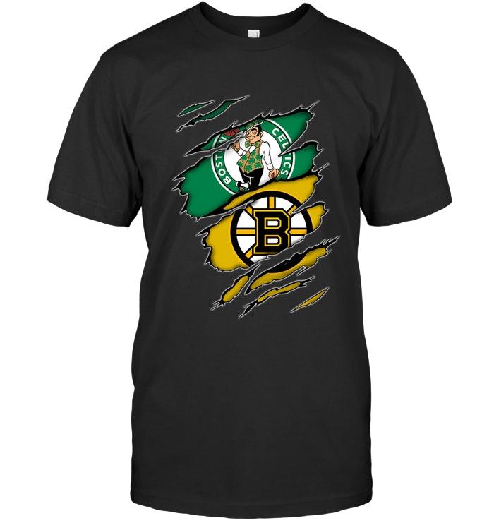 boston Celtics And Boston Bruins Layer Under Ripped Shirt