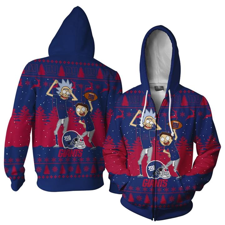 New York Giants Rick And Morty Dance Ugly Christmas 3d Zip Hoodie