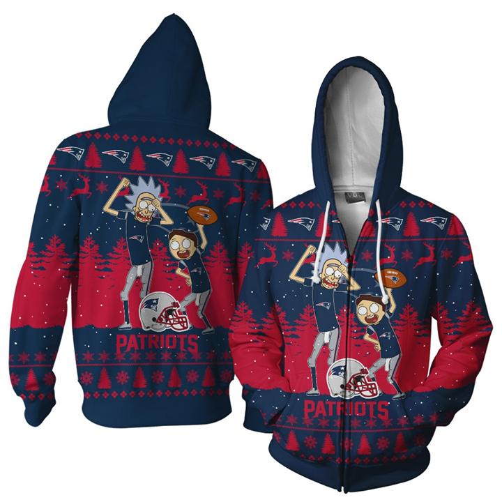 New England Patriots Rick And Morty Dance Ugly Christmas 3d Zip Hoodie