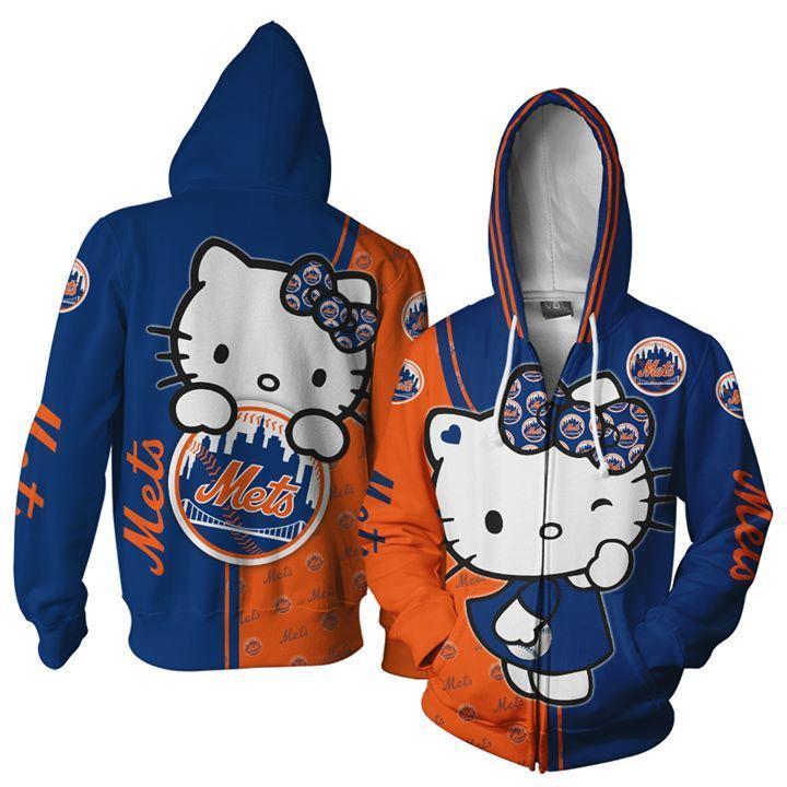 Hello Kitty Hug New York Mets Logo 3d Zip Hoodie