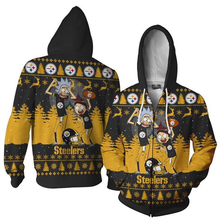 Pittsburgh Steelers Rick And Morty Dance Ugly Christmas 3d Zip Hoodie
