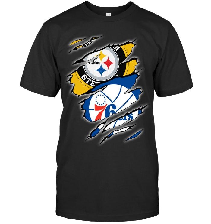 Pittsburgh Steelers And Philadelphia 76ers Layer Under Ripped Shirt