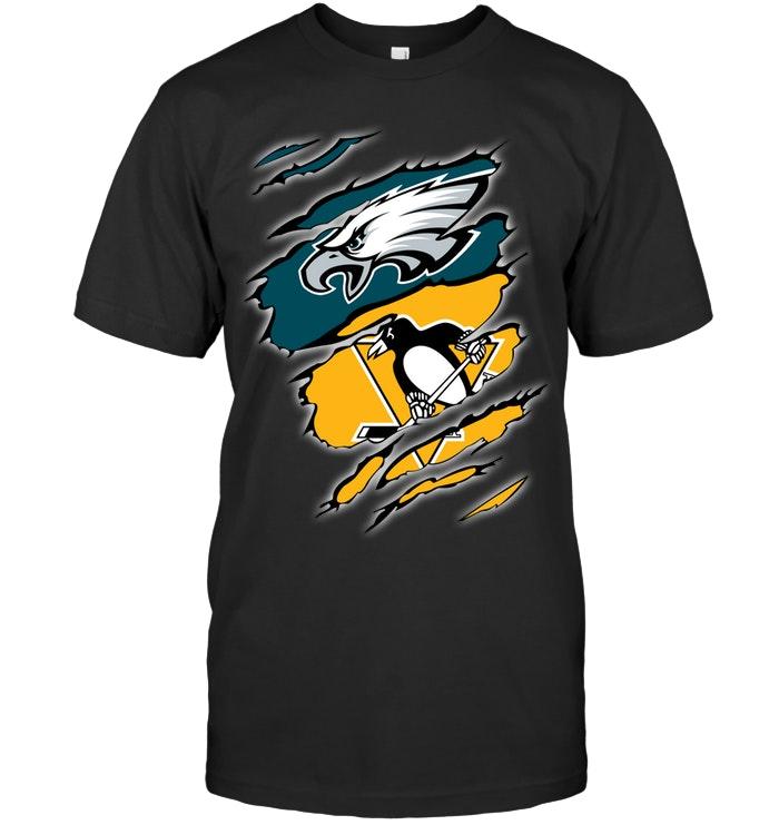 Philadelphia Eagles And Pittsburgh Penguins Layer Under Ripped Shirt