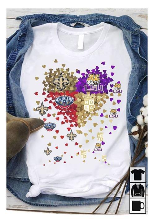 New Orleans Saints Lsu Tigers New Orleans Pelicans Nola Gold Rugby Tiny Hearts T Shirt