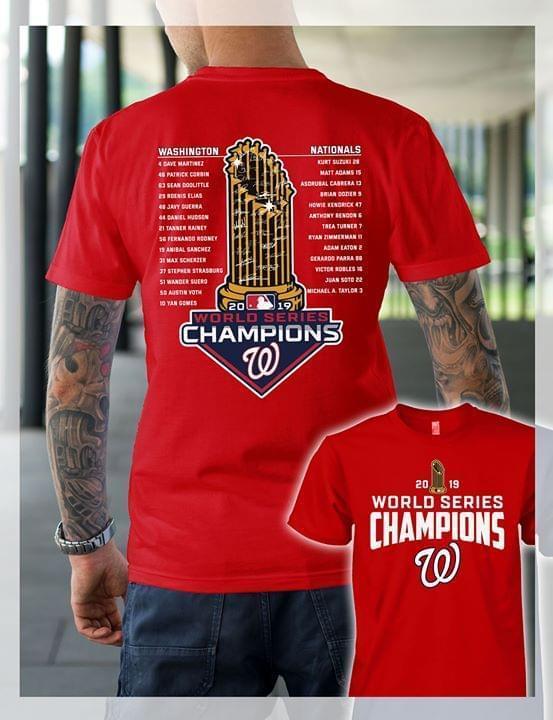 Washington Nationals Mlb World Series Champions 2019 Trophy On Back T Shirt