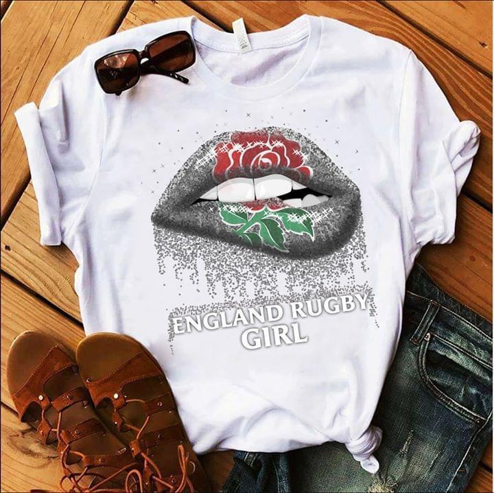 England Rugby Girl Rose Glitter Pattern Lips T Shirt