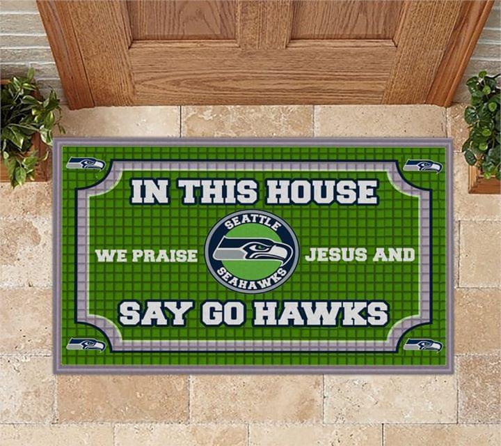 In This House We Praise Jesus And Say Go Hawks Seattle Seahawks Doormat