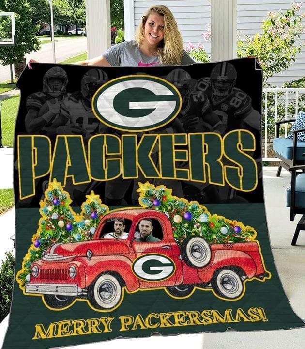 Green Bay Packers Merry Packersmas Players In Truck Quilt Blanket
