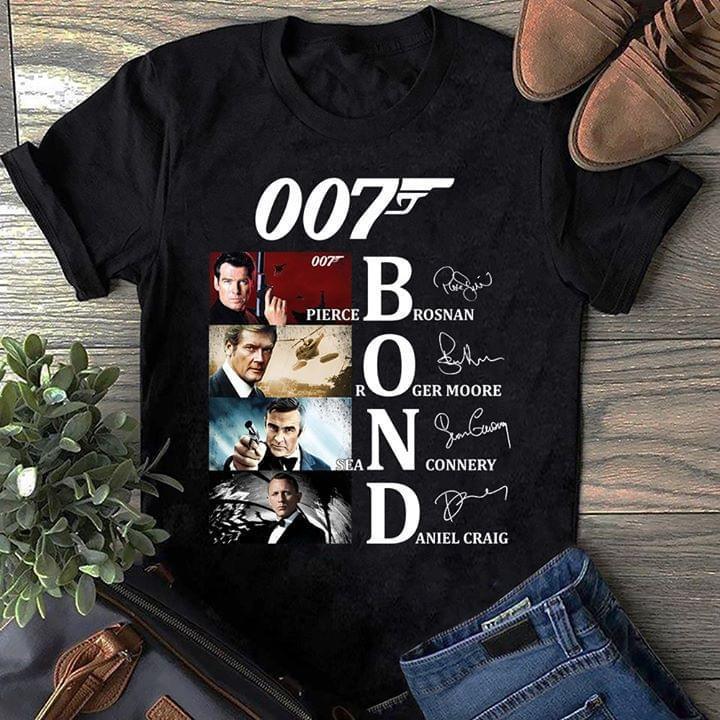 007 James Bond Actors Pierce Brosnan Roger Moore Sean Connery Daniel Craig Signed T Shirt
