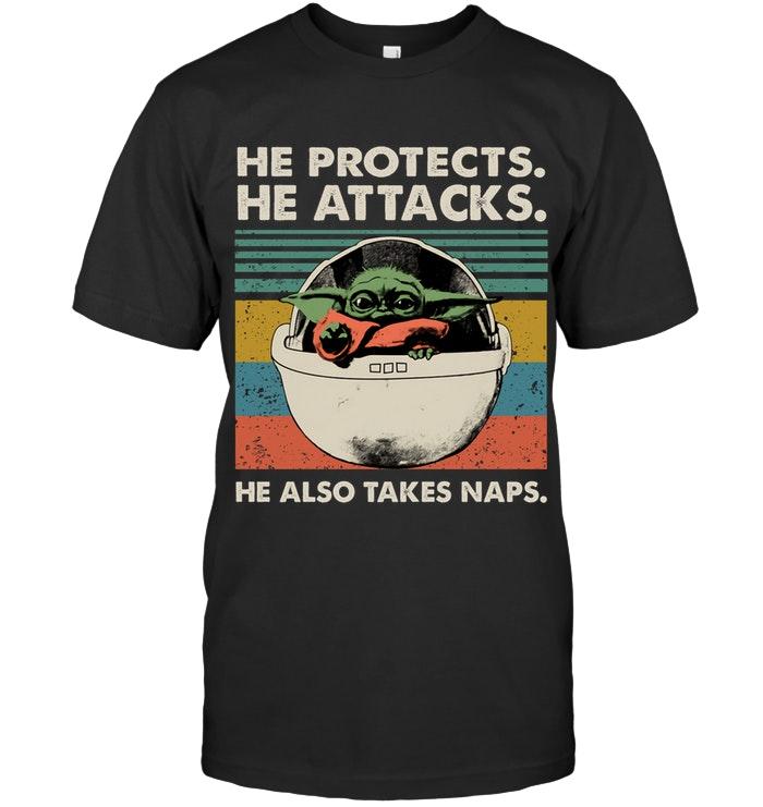 He Protects He Attacks He Also Takes Naps Baby Yoda The Mandalorian Star Wars Retro Art T Shirt