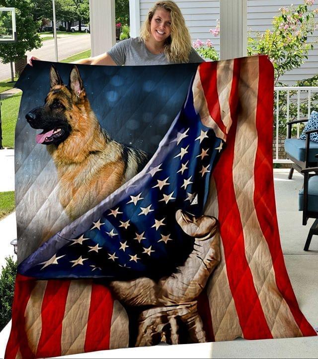 German Shepherd Dog American Flag Quilt Blanket